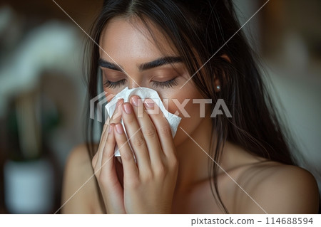 Sick woman with closed eyes, gently wiping her nose with a tissue 114688594