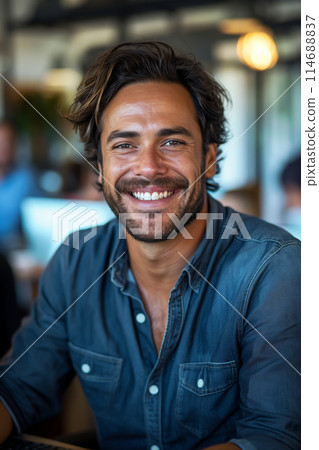 Young man with a bright smile in a casual denim shirt Young man with a bright smile in a casual denim shirt 114688837