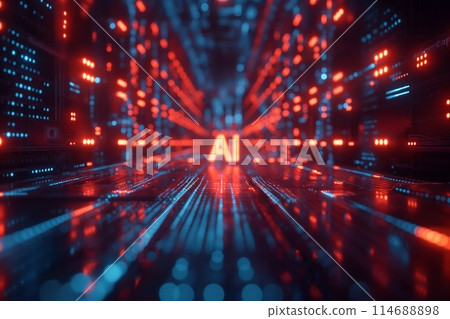 Server racks in a data center with glowing red and blue LED lights 114688898