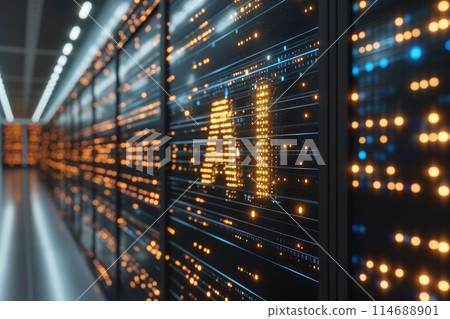 Server racks in a data center with glowing orange LED lights 114688901