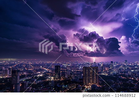 Stormy cloudy sky with numerous lightning strikes to the ground 114688912