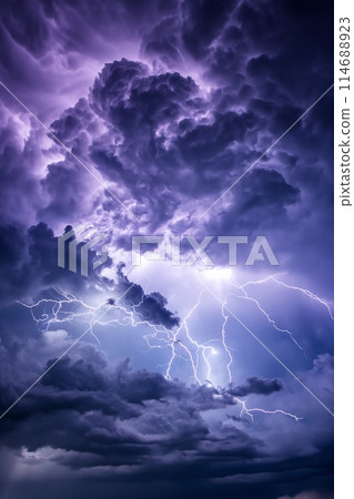 Stormy cloudy sky with numerous lightning strikes to the ground 114688923