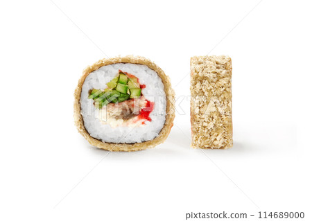 Crispy tempura sushi roll with eel, masago and cucumbers 114689000