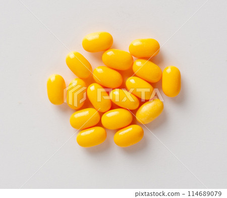 Orange Dietary Supplements Pile, Vitamin Capsules Mix, Mineral Pills, Healthy Multivitamin Capsule 114689079