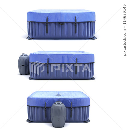 Set of new covered Blue Portable Outdoor Pool 3d render on white 114689149
