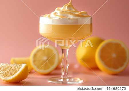Lemon Meringue cocktail topped with a creamy swirl and lemon slice on a pink background Lemon Meringue cocktail topped with a creamy swirl and lemon slice on a pink background 114689270