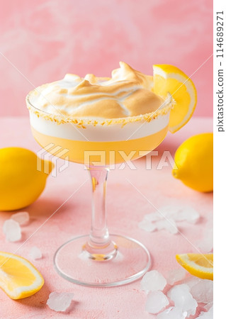 Lemon Meringue cocktail topped with a creamy swirl and lemon slice on a pink background 114689271
