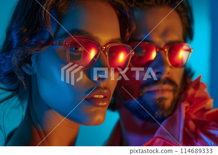 Stylish duo in cool eyewear against a vibrant neon backdrop exudes a modern 114689333