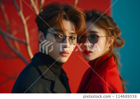 Stylish duo in cool eyewear against a vibrant neon backdrop exudes a modern 114689338