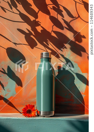 Metal bottle rests in natural light with a backdrop of soft, leafy shadows, sustainable living 114689343