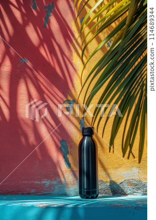 Reusable stainless steel bottle casts vivid shadows on multicolored backdrop, eco conscious living 114689344