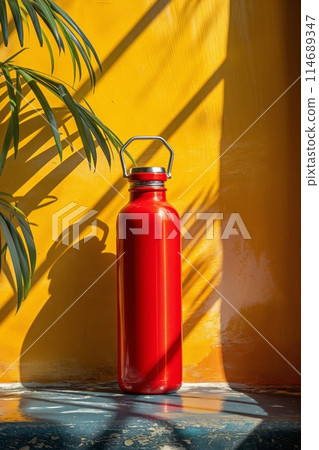 Metal bottle rests in natural light with a backdrop of soft, leafy shadows, sustainable living 114689347