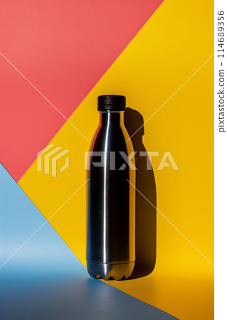 Reusable stainless steel bottle casts vivid shadows on multicolored backdrop, eco conscious living 114689356