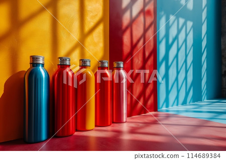 Colorful reusable bottles line up in sunlight, showcasing an eco friendly and stylish hydration solution 114689384