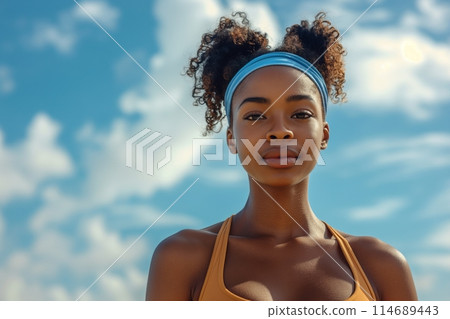 A serene woman in fitness attire basks in the sunlight embodying calm and strength against blue sky A serene woman in fitness attire basks in the sunlight embodying calm and strength against blue sky 114689443
