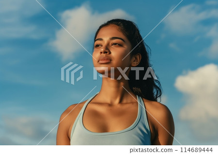 A serene woman in fitness attire basks in the sunlight embodying calm and strength against blue sky A serene woman in fitness attire basks in the sunlight embodying calm and strength against blue sky 114689444