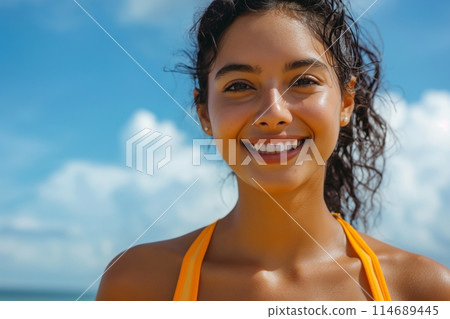 Joyful young woman with a radiant smile enjoys a sunny day, exuding happiness and vitality Joyful young woman with a radiant smile enjoys a sunny day, exuding happiness and vitality 114689445