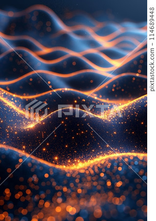 Fiery digital waves with glowing orange particles create a dynamic and vibrant abstract landscape 114689448