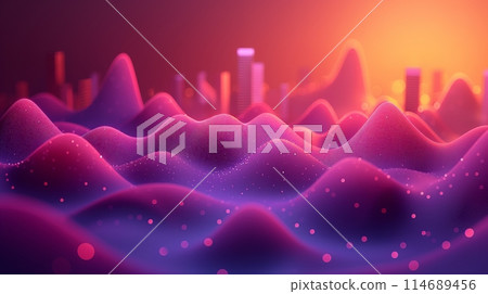 Fiery digital waves with glowing orange particles create a dynamic and vibrant abstract landscape 114689456