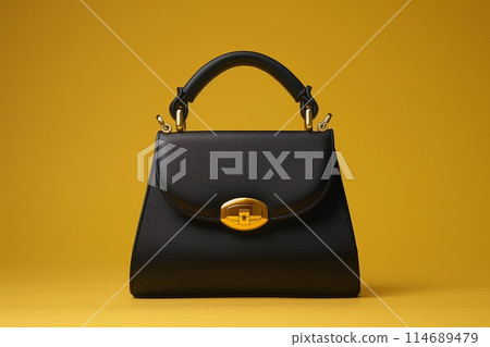 Classic black handbag with a gold clasp, showcased against a bold yellow background 114689479