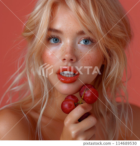Close up portrait woman red hair surrounded grapes, emphasizing natural beauty vibrant colors Close up portrait woman red hair surrounded grapes, emphasizing natural beauty vibrant colors 114689530