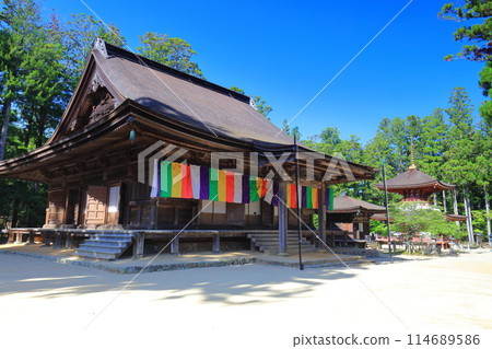 [Wakayama Prefecture] The main hall and eastern tower of the Danjo Garan at Mt. Koya on a clear day 114689586