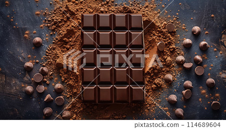 Dark chocolate bar surrounded by cocoa powder and chocolate pieces on dark background 114689604
