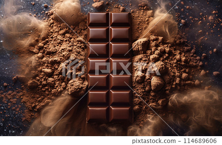 Dark chocolate bar surrounded by cocoa powder and chocolate pieces on dark background 114689606