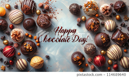 An overhead view various decorated chocolate truffles candies light, text Happy Chocolate Day! 114689640
