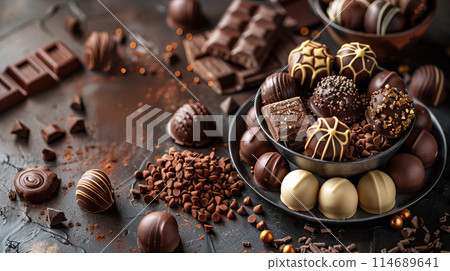 An overhead view various decorated chocolate truffles candies light, text Happy Chocolate Day! 114689641