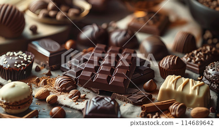 Dark chocolate bar surrounded by cocoa powder and chocolate pieces on dark background 114689642