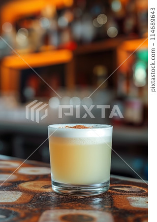Pisco Sour cocktail with a creamy top and spice garnish, set on a bar with bokeh lights 114689643