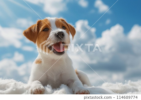 Jack Russell Terrier resting on fluffy clouds with blue sky in dog heaven 114689774