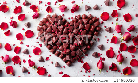 Heart shaped chocolate pieces with scattered rose petals. Romantic concept perfect Valentine's Day Heart shaped chocolate pieces with scattered rose petals. Romantic concept perfect Valentine's Day 114690326