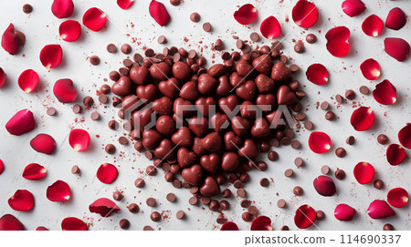 Heart shaped chocolate pieces with scattered rose petals. Romantic concept perfect Valentine's Day Heart shaped chocolate pieces with scattered rose petals. Romantic concept perfect Valentine's Day 114690337