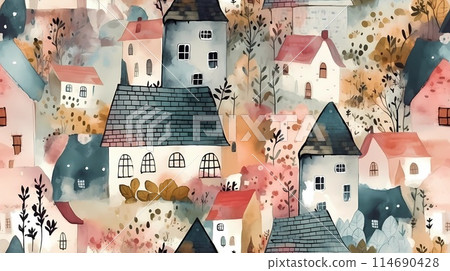Abstract seamless pattern with houses. Watercolor background. Perfect for fabric, textile, wallpaper, kindergarten. 114690428