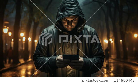 A man holds a tablet in his hands and works. AI generated 114690443