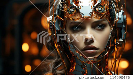 The face of a cyborg robot woman, a mixture of human and computer artificial intelligence. AI generated 114690476