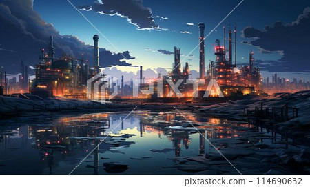 Industrial oil refinery petrochemical chemical plant with equipment and tall pipes at night. AI generated 114690632
