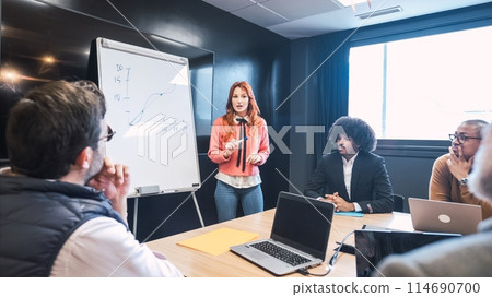 Businesswoman explaining line graph on whiteboard to diverse colleagues in office Businesswoman explaining line graph on whiteboard to diverse colleagues in office 114690700