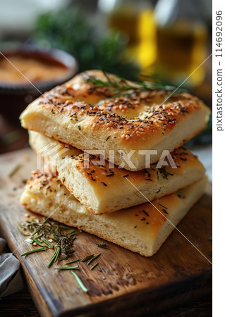 Stack of freshly baked focaccia with sesame and herbs on a wooden board, kitchen background Stack of freshly baked focaccia with sesame and herbs on a wooden board, kitchen background 114692096