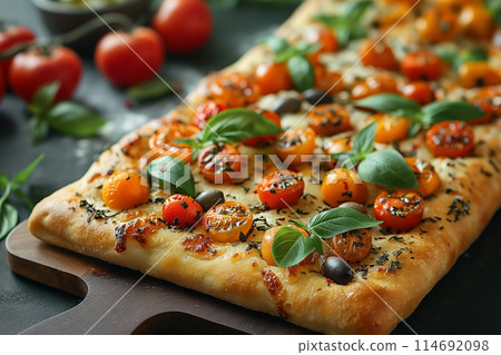 Colorful cherry tomatoes and basil top a golden focaccia, a feast for the eyes on a dark surface Colorful cherry tomatoes and basil top a golden focaccia, a feast for the eyes on a dark surface 114692098
