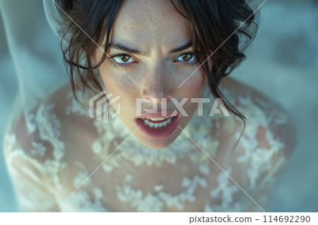 Portrait of irritated angry bride woman in beautiful white wedding dress 114692290