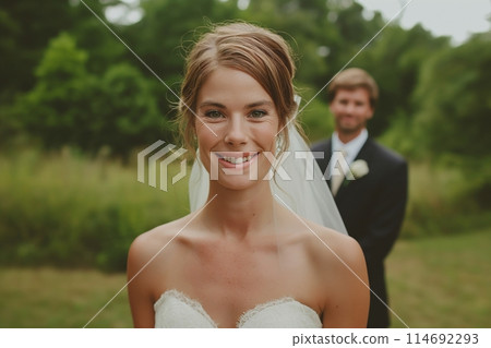 Smiling bride in the foreground with a happy groom blurred in the back, amidst a lush green setting 114692293