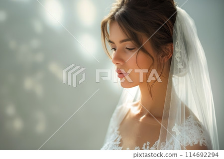 Bride in contemplative serenity, her visage framed by a soft veil and delicate lace in gentle light 114692294