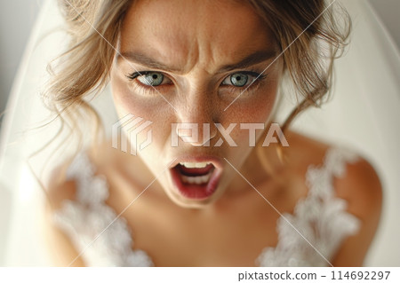 Portrait of irritated angry bride woman in beautiful white wedding dress 114692297