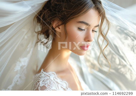Bride in contemplative serenity, her visage framed by a soft veil and delicate lace in gentle light 114692299