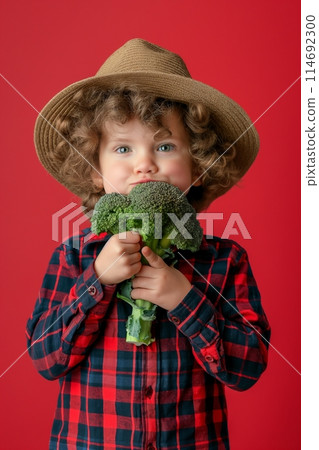 Cute boy with curly hair holding broccoli over red background 114692300