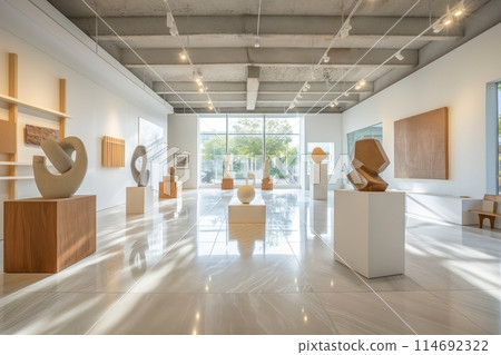 Modern art gallery with elegant wooden sculptures in fluid shapes on display Modern art gallery with elegant wooden sculptures in fluid shapes on display 114692322