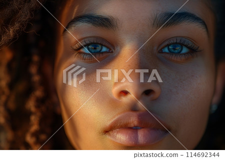 Young woman with curly hair and captivating eyes, bathed in golden hour light Young woman with curly hair and captivating eyes, bathed in golden hour light 114692344